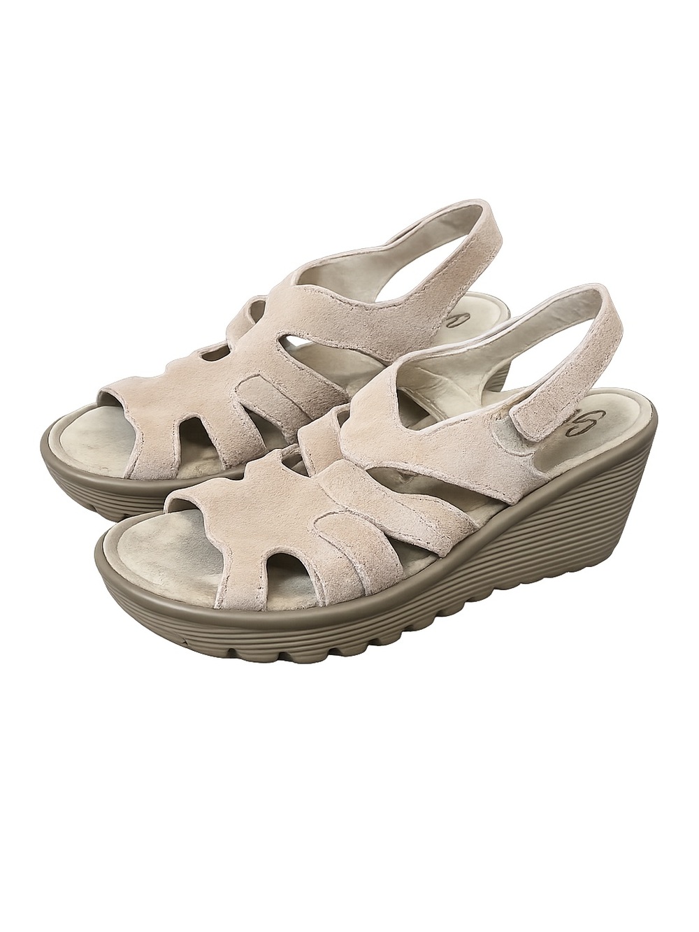 Skechers Memory Foam Wedge Sandals Taupe Suede Slingback Comfort Womens